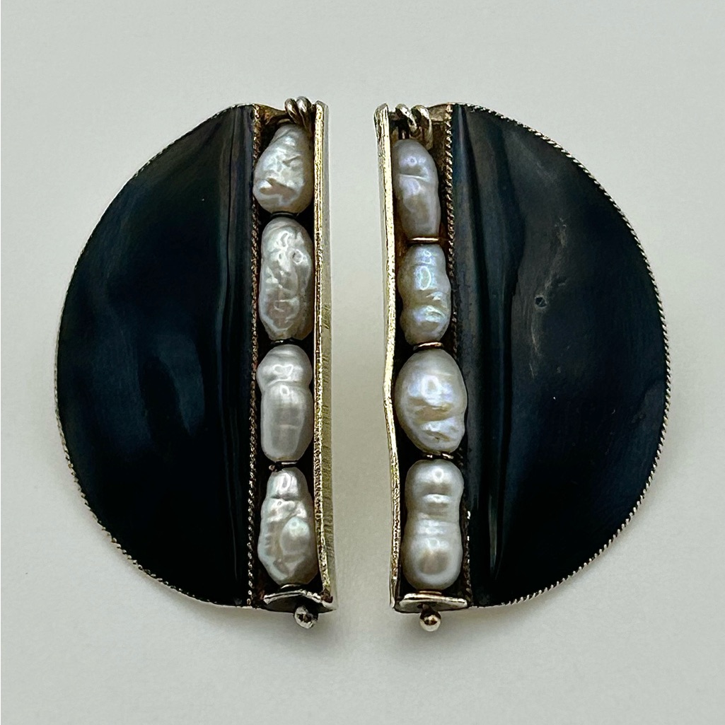 Pearl And Black Enamel Half-Circle Earrings24k Yellow Gold Over Sterling Silver
